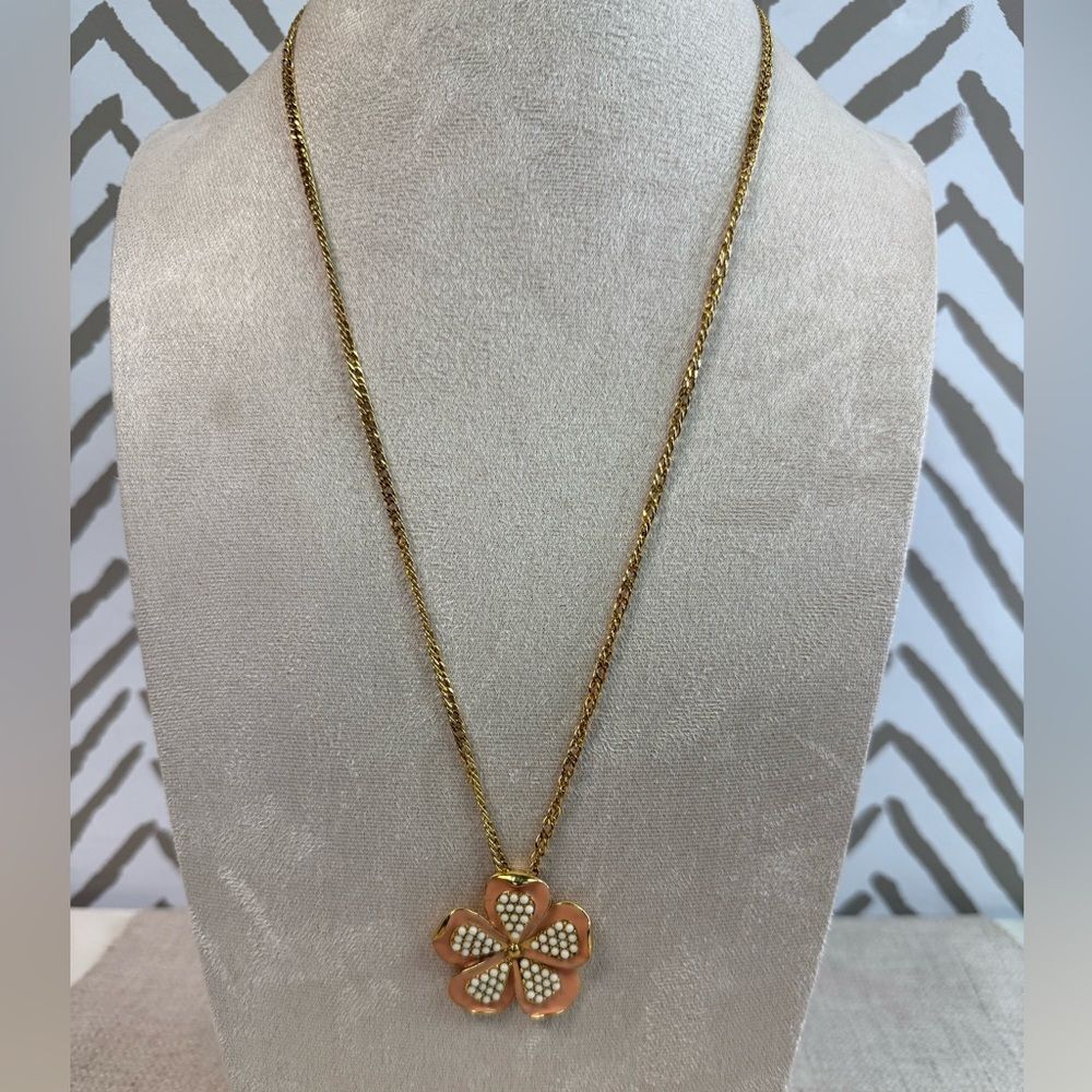 J Crew Pink Enamel Flower Pendant Gold Necklace